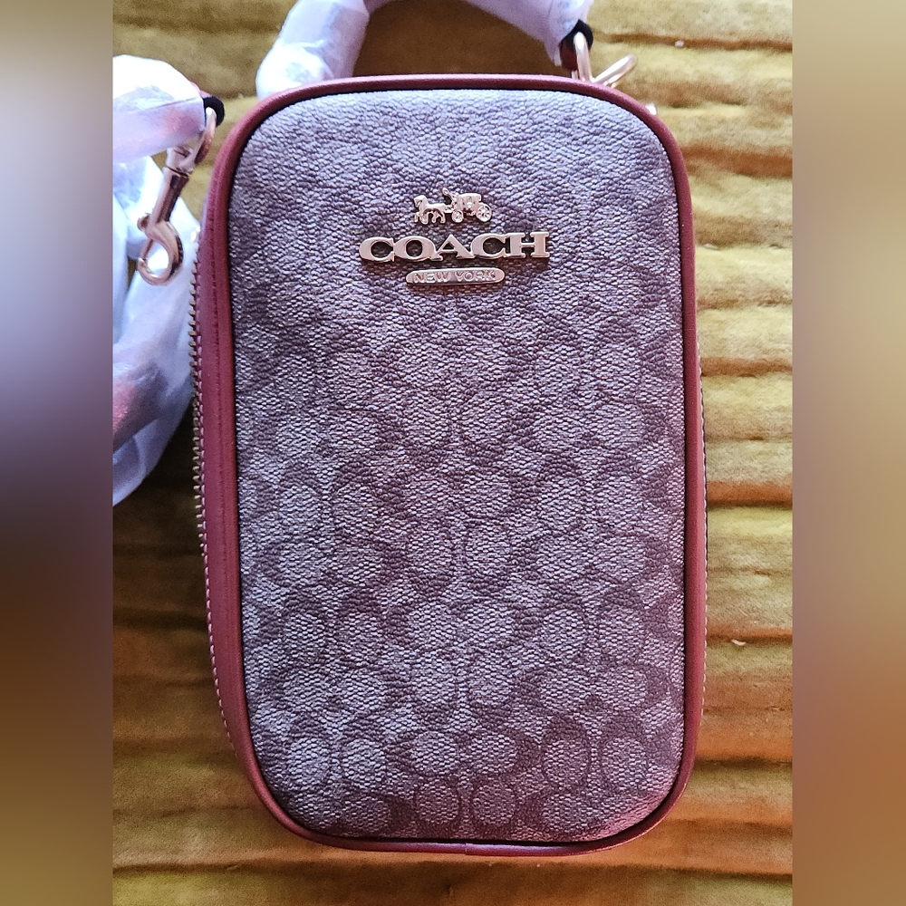 Coach Micro Signature EVA Phone Crossbody in Khaki/Terracotta NWT